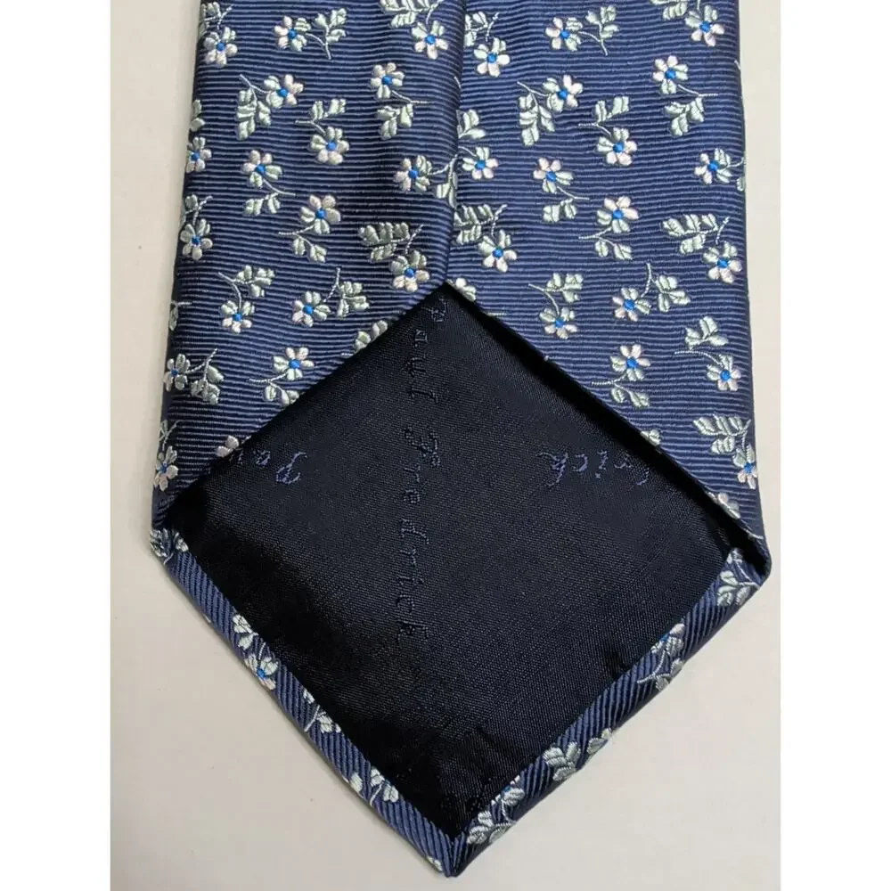 Paul Fredrick 100% Silk Men's Neck Tie Navy Blue Silver Floral Hand Made Italy